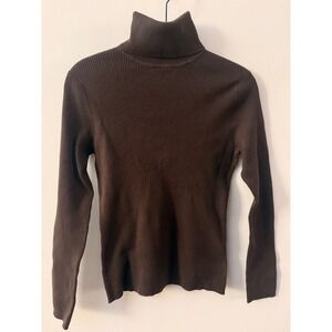 Eddie Bauer Womens Turtleneck Sweater Petite M Brown Cotton Rib Knit Classic CBK